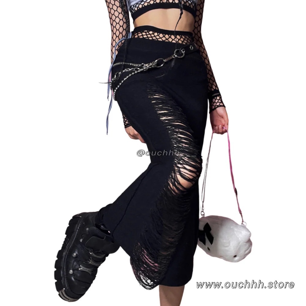 OUCHHH STORE RIPPED KNITTED LONG SKIRT